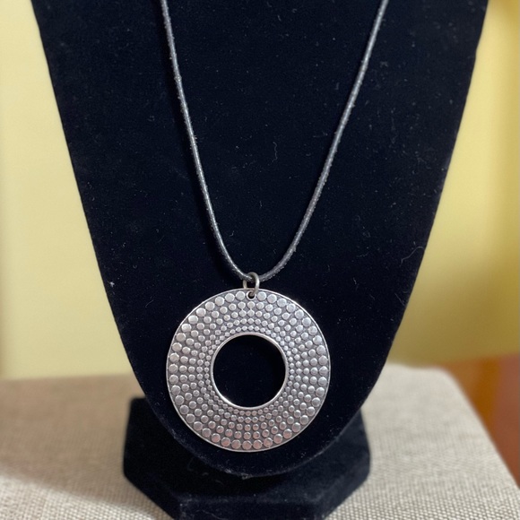 Jewelry - Silver Circular Pendant on Black Cord Necklace 10" with Lobster Claw Closure